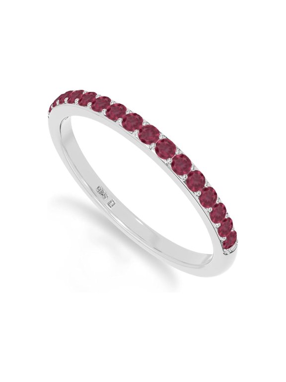 925 Sterling Silver Round 0.4 Ctw Red Ruby Gemstone Eternity Women Stackable Christmas Gift Ring