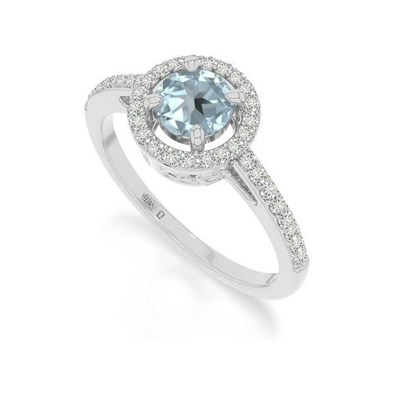 925 Sterling Silver Round 0.80 Ctw Aquamarine Gemstone Halo Women Engagement Ring, Wedding, Anniversary Bridal Rings, Gift For Her_10.5