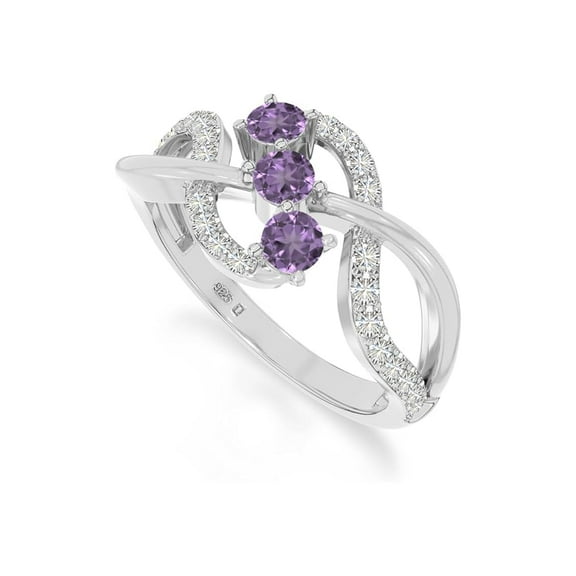 925 Sterling Silver Round 0.9 Ctw Amethyst Gemstone Three Stone Cluster Style Women Engagement Ring, Anniversary Promise Rings, Gift For Her_10.5