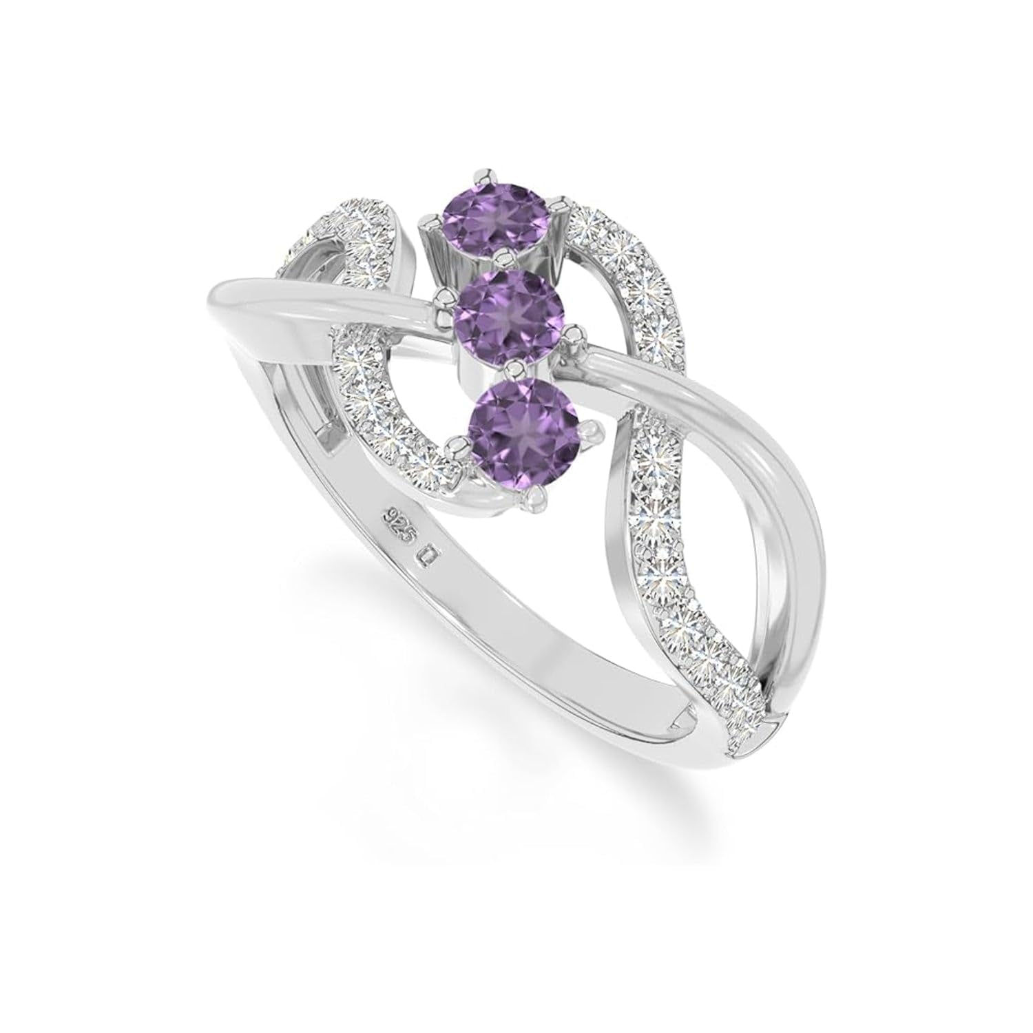 925 Sterling Silver Round 0.9 Ctw Amethyst Gemstone Three Stone Cluster Style Women Engagement Ring, Anniversary Promise Rings, Gift For Her_7.5