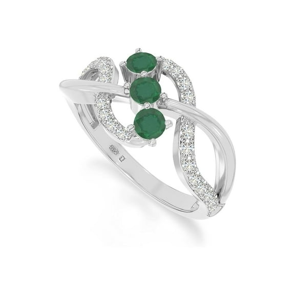 925 Sterling Silver Round 0.9 Ctw Emerald Gemstone Three Stone Cluster Style Women Engagement Ring, Anniversary Promise Rings, Gift For Her_5