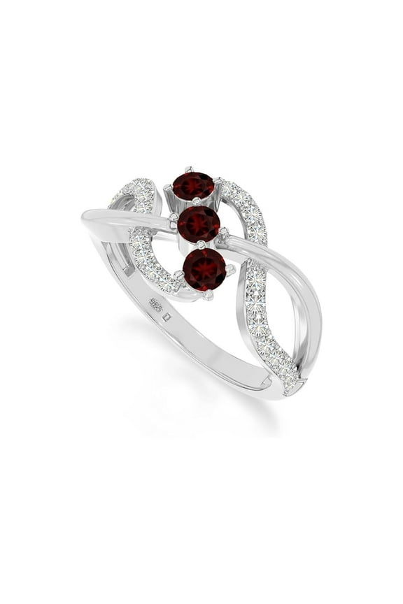 925 Sterling Silver Round 0.9 Ctw Garnet Gemstone Three Stone Cluster Style Women Engagement Ring, Anniversary Promise Rings, Gift For Her_8.5