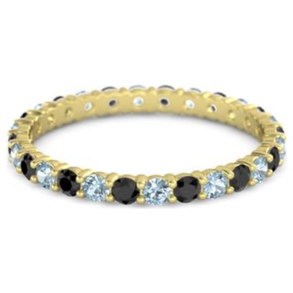 925 Sterling Silver Round 2.5 MM Aquamarine March Birthstone With Black Spinel Ring Eternity Band