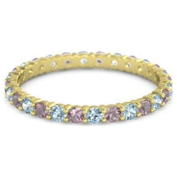 925 Sterling Silver Round 2.5 MM Aquamarine March Birthstone With Rhodolite Ring Eternity Band