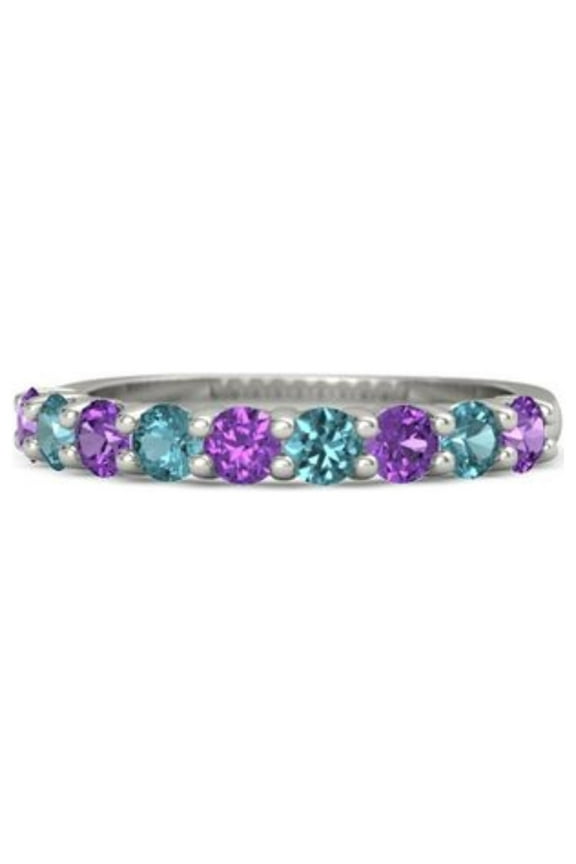 925 Sterling Silver Round 2.50 MM Amethyst London Blue Topaz Eternity Band Women Ring