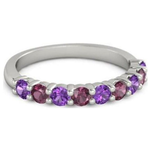 925 Sterling Silver Round 2.50 MM Amethyst Rhodolite Half Eternity Women Stackable Ring