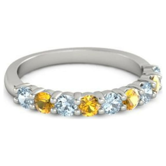 925 Sterling Silver Round 2.50 MM Aquamarine Citrine Half Eternity Women Stackable Ring