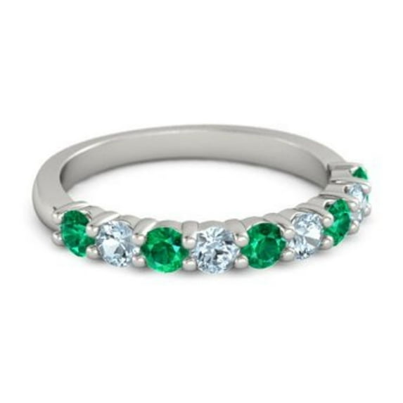 925 Sterling Silver Round 2.50 MM Emerald Aquamarine Half Eternity Women Ring