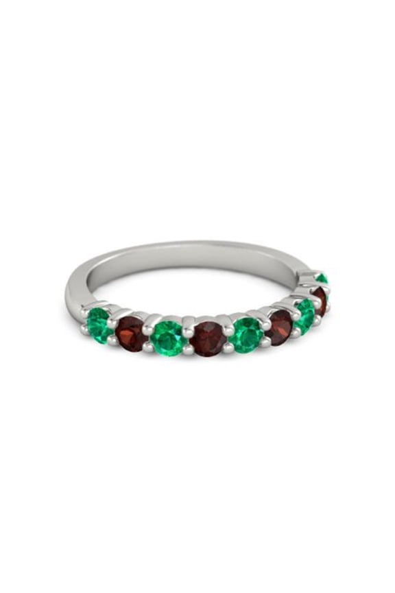 925 Sterling Silver Round 2.50 MM Emerald Garnet Half Eternity Women Ring
