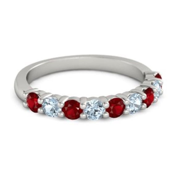 925 Sterling Silver Round 2.50 MM Ruby Aquamarine Half Eternity Women Ring