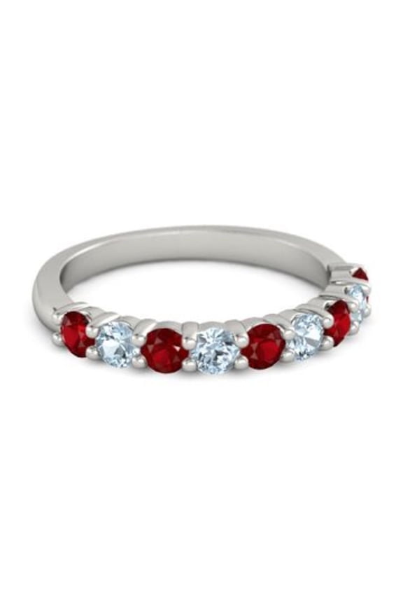 925 Sterling Silver Round 2.50 MM Ruby Aquamarine Half Eternity Women Ring