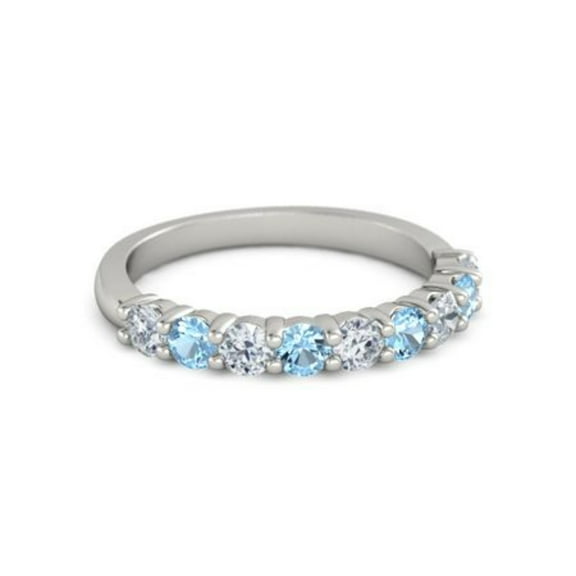 925 Sterling Silver Round 2.50 MM White Cz Blue Topaz Half Eternity Women Ring