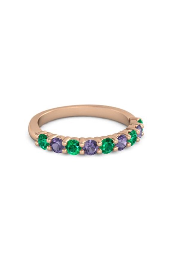 925 Sterling Silver Round 2.5MM Emerald Iolite Eternity Rose Plated Women Ring