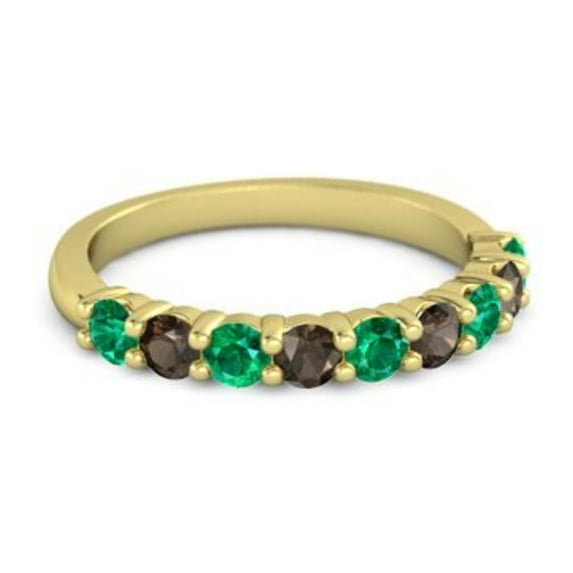 925 Sterling Silver Round 2.5MM Emerald Smoky Quartz Eternity Yellow Plated Ring