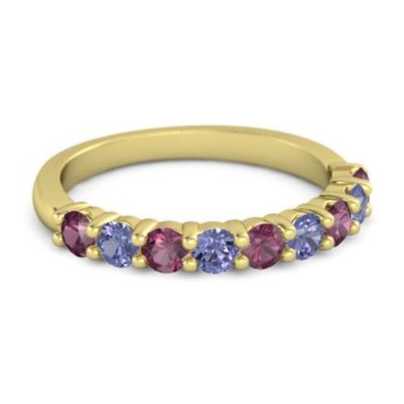925 Sterling Silver Round 2.5MM Rhodolite Tanzanite Eternity Yellow Plated Ring