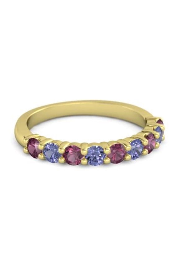 925 Sterling Silver Round 2.5MM Rhodolite Tanzanite Eternity Yellow Plated Ring