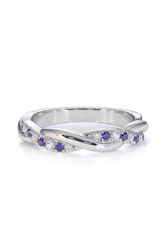 925 Sterling Silver Round 2mm Tanzanite Gemstone Infinity Twist Band White Accents Eternity Women’s Wedding Ring