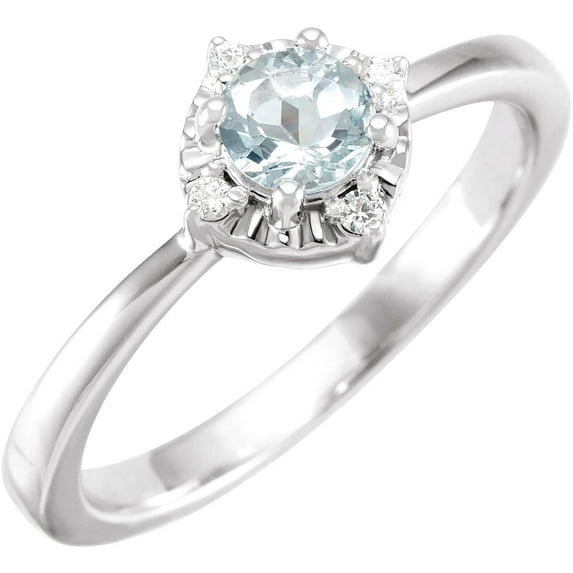 925 Sterling Silver Round 4.5mm Natural Aquamarine I2 H+ 0.04 Carat Polished and .04 Diamond Ring Size 7 Ring for Women