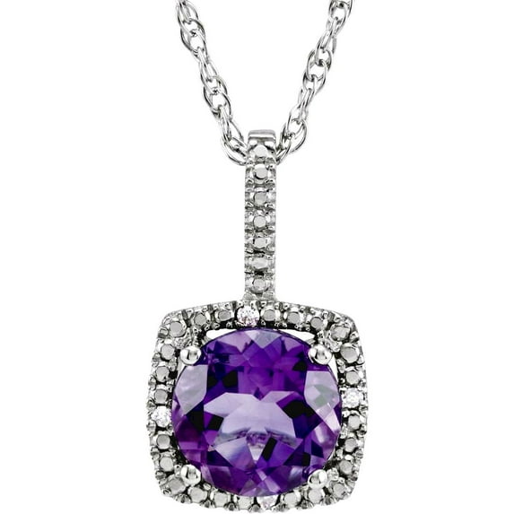 925 Sterling Silver Round 7mm Amethyst Polished Amethyst and .015 Diamond Necklace Pendant Necklace for Women