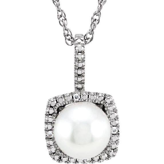 925 Sterling Silver Round 7mm Pearl Polished Freshwater Pearl and .015 Dwt Diamond Necklace Pendant Necklace for Women