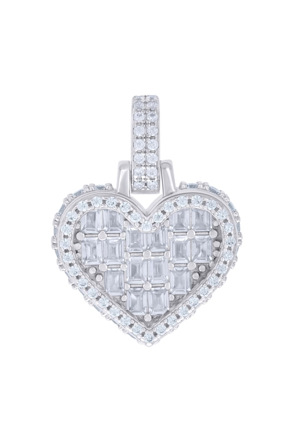 925 Sterling Silver Round & Baguette Cut Cubic Zirconia Women's Iced Out 3D Heart Pendant CZ Charm