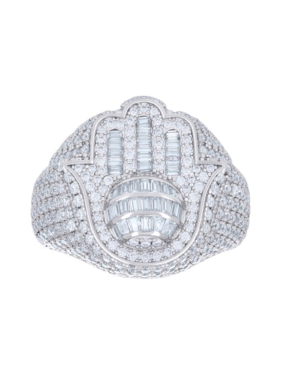 925 Sterling Silver Round & Baguette Cut Moissanite Men's Cluster Hamsa Hand Pinky Ring 4.48 Ct. | Size 9