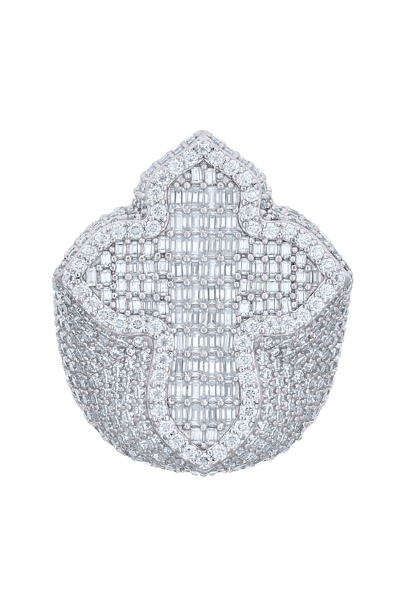 925 Sterling Silver Round & Baguette Cut Moissanite Men's Fully Iced Out Pointed Cross Pinky Ring 7.55 Ct. | Size 10