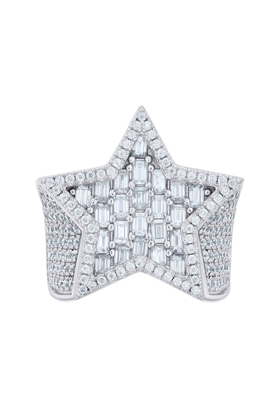 925 Sterling Silver Round & Baguette Cut Moissanite Men's Halo Cluster Star Pinky Ring 5.61 Ct. | Size 10