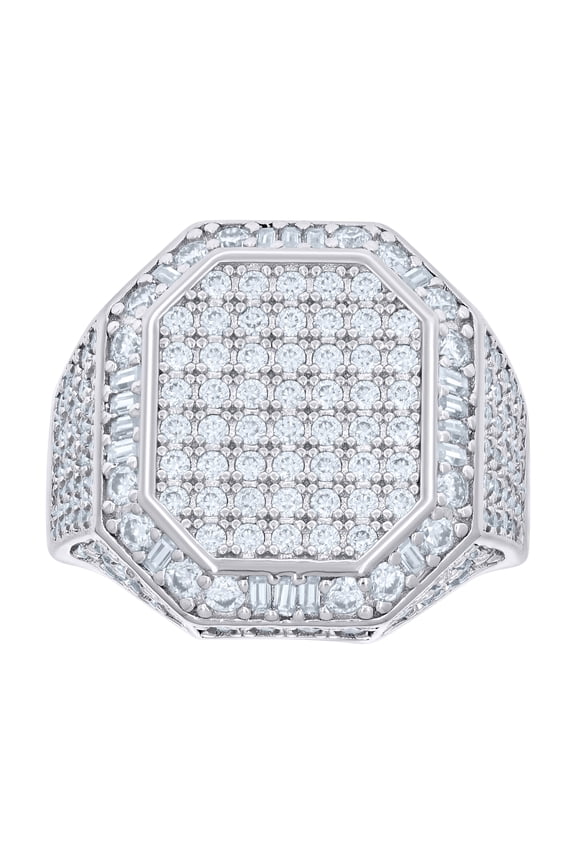 925 Sterling Silver Round & Baguette Cut Moissanite Men's Heptagon Double Halo Pinky Ring 3.31 Ct. | Size 10