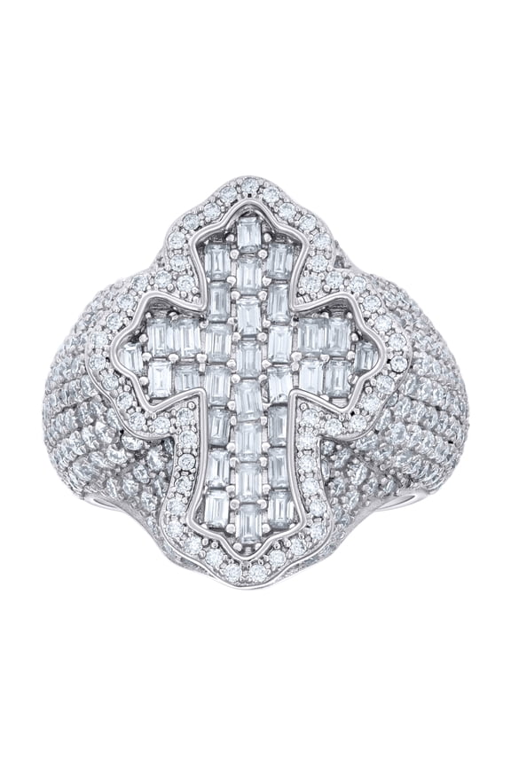 925 Sterling Silver Round & Baguette Cut Moissanite Men's Iced Out Pointed Cross Pinky Ring 7.09 Ct. | Size 10