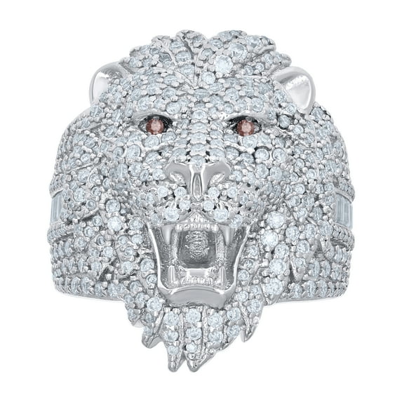 925 Sterling Silver Round & Baguette Cut Moissanite Men's Iced Out Roaring Lion Head Pinky Ring 3.19 Ct. | Size 8
