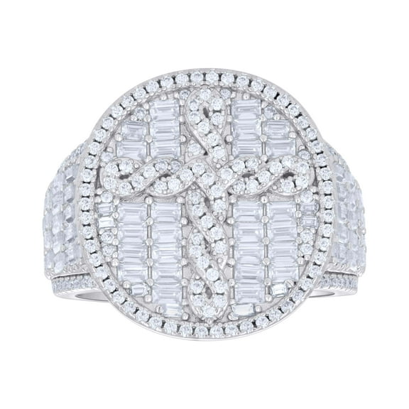 925 Sterling Silver Round & Baguette Cut Moissanite Men's Oval Halo Twisted Cross Pinky Ring 3.66 Ct. | Size 9