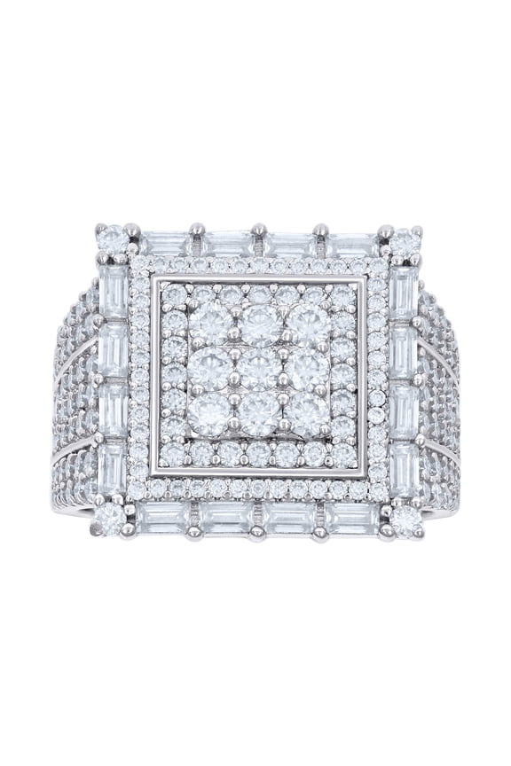 925 Sterling Silver Round & Baguette Cut Moissanite Men's Tiered Square Halo Pinky Ring 3.73 Ct. | Size 8