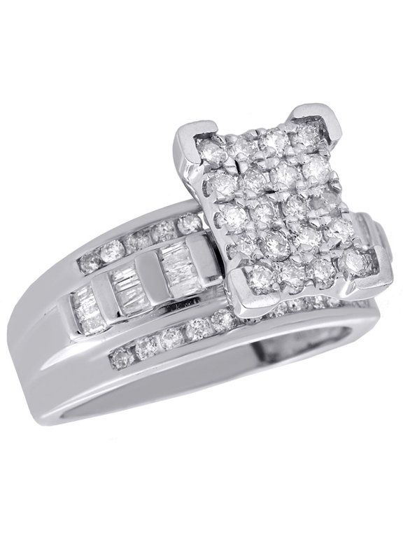 .925 Sterling Silver Round & Baguette Diamond Rectangle Engagement Ring 1 Ct.