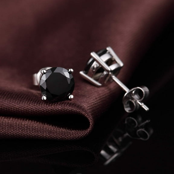 925 Sterling Silver Round Brilliant Cut Natural Black Onyx Gemstone Stud Earrings for Women