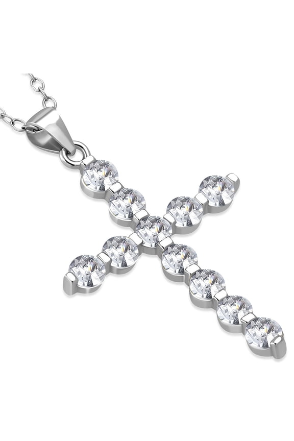 925 Sterling Silver Round CZ Cross Religious Pendant Necklace, 18"