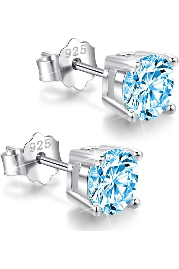 925 Sterling Silver Round-Cut Blue Cubic Zirconia Stud Earrings 3mm-8mm Options, Simulated Diamond CZ Studs Hypoallergenic Jewelry[m967]