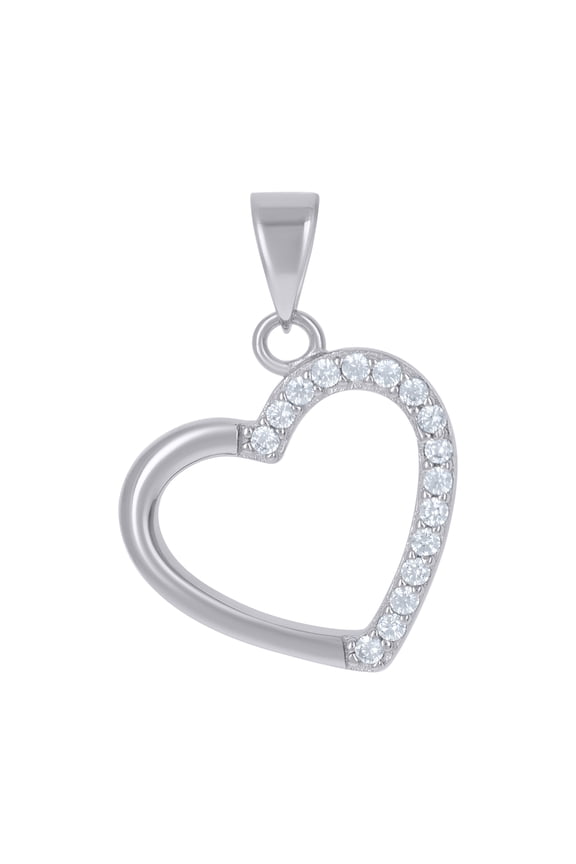 925 Sterling Silver Round Cut Cubic Zirconia Women's Slanted Cut Out Heart Frame Pendant CZ Charm