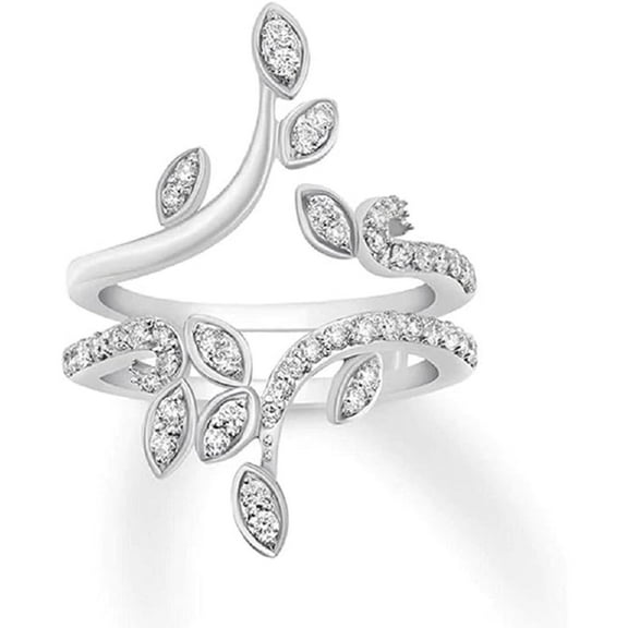 925 Sterling Silver Round Cut Moissanite Diamond Engagement Wedding Leaf Enhancer Wrap Guard Ring 14K White Gold Plated