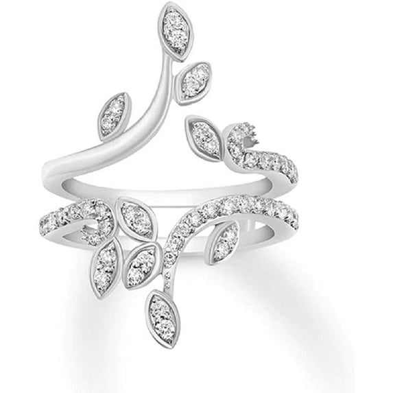 925 Sterling Silver Round Cut Moissanite Diamond Engagement Wedding Leaf Enhancer Wrap Guard Ring 14K White Gold Plated