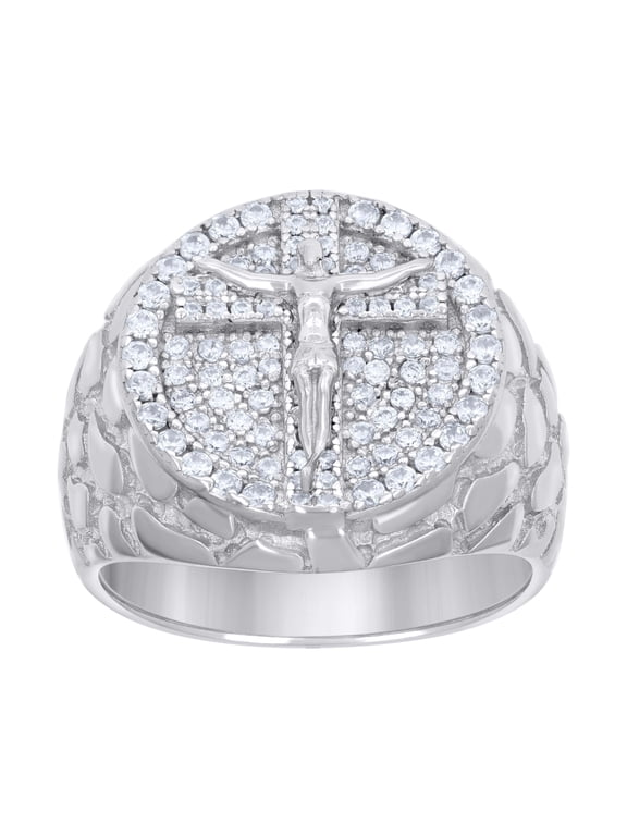 925 Sterling Silver Round Cut Moissanite Men's Circle Halo Cross / Crucifix Nugget Pinky Ring 0.98 Ct. | Size 7
