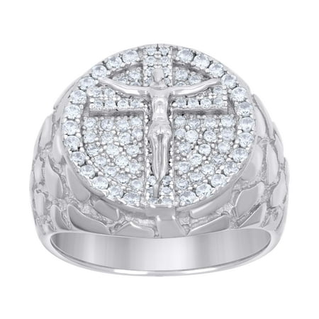 925 Sterling Silver Round Cut Moissanite Men's Circle Halo Cross / Crucifix Nugget Pinky Ring 0.98 Ct. | Size 9