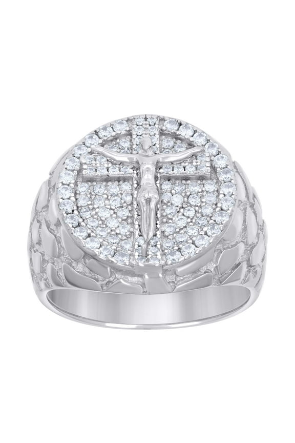 925 Sterling Silver Round Cut Moissanite Men's Circle Halo Cross / Crucifix Nugget Pinky Ring 0.98 Ct. | Size 9