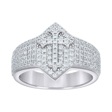 925 Sterling Silver Round Cut Moissanite Men's Cluster Tiered Pointed Cross Pinky Ring 0.97 Ct. | Size 8