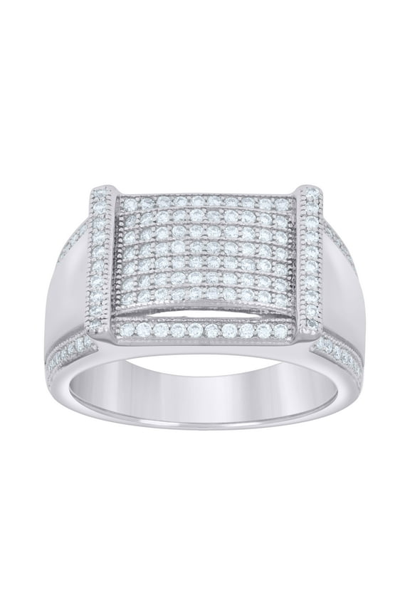 925 Sterling Silver Round Cut Moissanite Men's Domed Bar Milgrain Edge Rectangle Pinky Ring 0.69 Ct. | Size 11