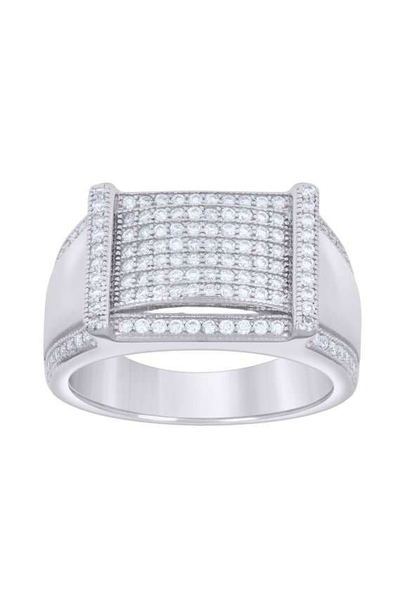 925 Sterling Silver Round Cut Moissanite Men's Domed Bar Milgrain Edge Rectangle Pinky Ring 0.69 Ct. | Size 9