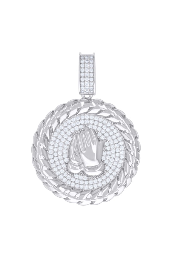 925 Sterling Silver Round Cut Moissanite Men's Franco Chain Border Medallion Praying Hands Pendant Religious Charm | 1.57 Ct.