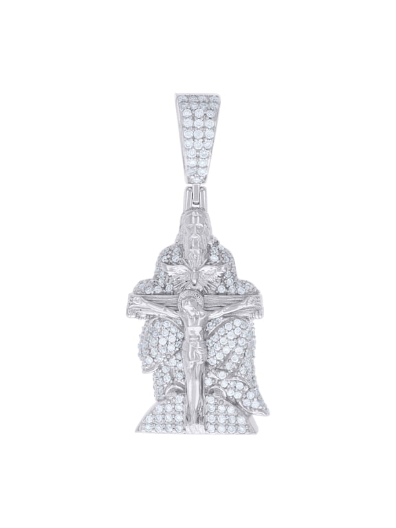 925 Sterling Silver Round Cut Moissanite Men's Jesus Holding Crucifix Cross Pendant Religious Charm | 1.06 Ct.