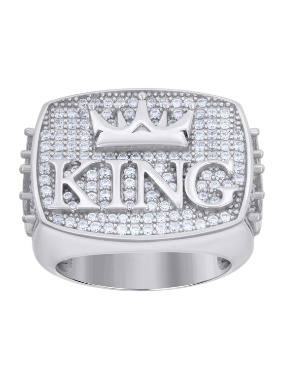 925 Sterling Silver Round Cut Moissanite Men's Rectangle Cluster KING w/ Crown Pinky Ring 1.51 Ct. | Size 10
