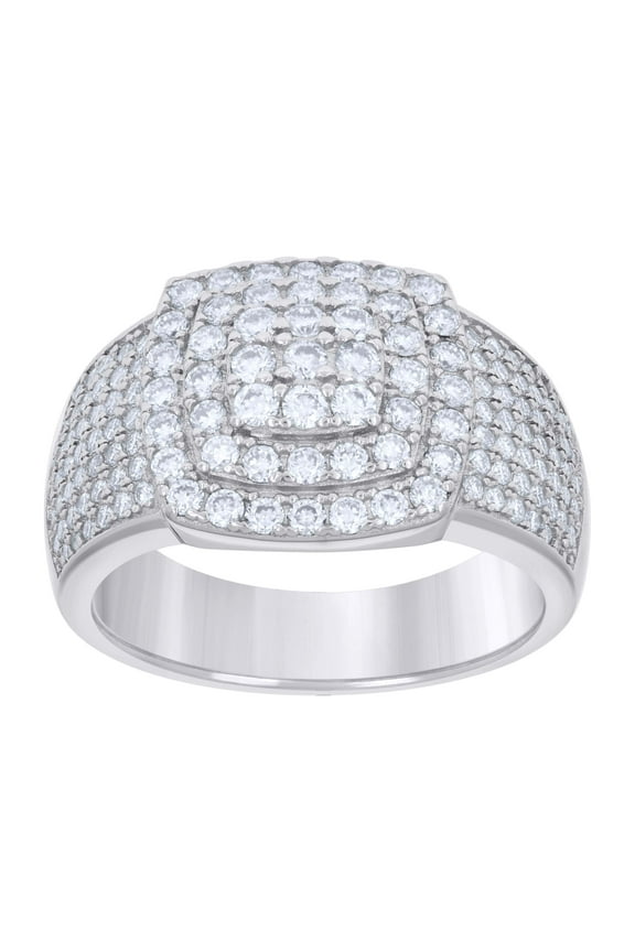 925 Sterling Silver Round Cut Moissanite Men's Tiered Square Double Halo Pinky Ring 2.32 Ct. | Size 7